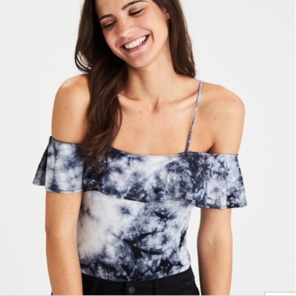 American Eagle Soft & Sexy Blue Tie Dye Bodysuit Off Shoulder | Size Medium